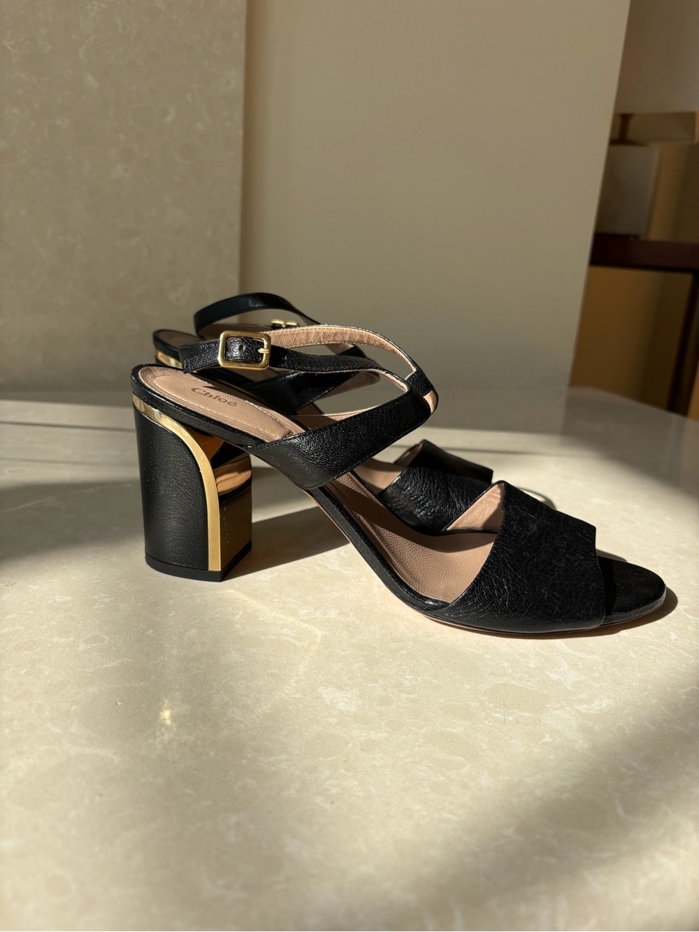 Chloe Black Sandal Heels with Gold Accent